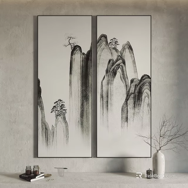 Two Panel Chinese Ink Painting With Mountain Pine On Gray Wall And Branch Vase 3d model 