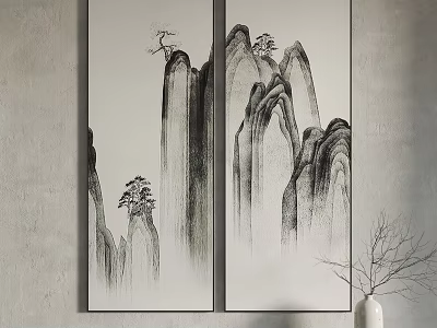 Two Panel Chinese Ink Painting With Mountain Pine On Gray Wall And Branch Vase 3d model
