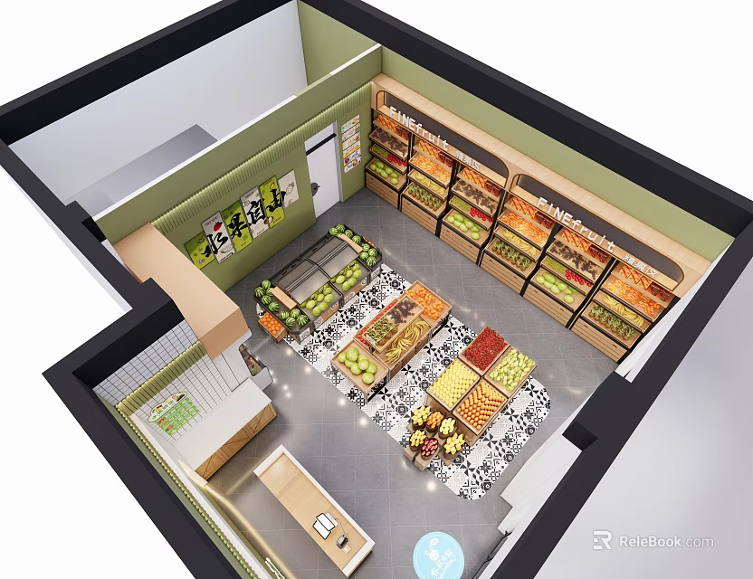 Fruit Store Interior Layout With Shelves And Display Tables Full Of Various Fruits 3d model 