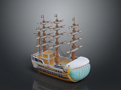 Classic Sailing Ship Model As Water Transport With Multiple Masts White Hull Blue Bottom 3d model