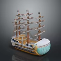 Classic Sailing Ship Model As Water Transport With Multiple Masts White Hull Blue Bottom