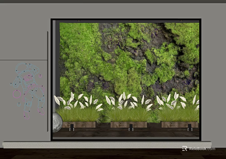 Indoor Living Plant Wall With Lush Moss And White Plants In Wooden Planters 3d model 