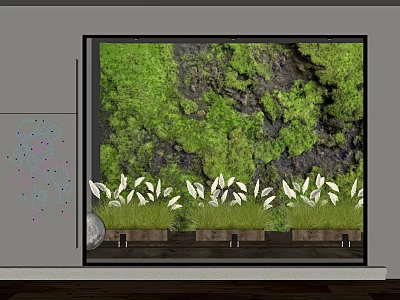 Indoor Living Plant Wall With Lush Moss And White Plants In Wooden Planters 3d model