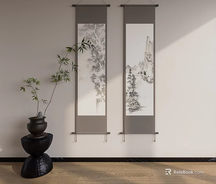 Chinese Landscape Paintings in Modern Interior With Bamboo Plant Stone Vase Light Wall Wooden Floor 3d model 