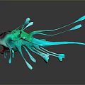 Colorful Abstract Creature With Shiny Green Blue Red Tentacles And Reflection On Gray Background
