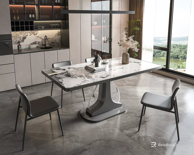 Modern Dining Table Set With Marble Top Black Chairs Pendant Light And Scenic Window View 3d model 