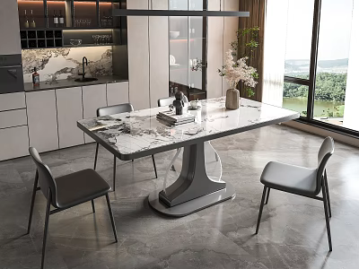 Modern Dining Table Set With Marble Top Black Chairs Pendant Light And Scenic Window View 3d model
