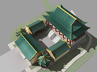 Ancient Chinese Architecture With Green Roofs Yellow Decorations And Courtyard Design 3d model