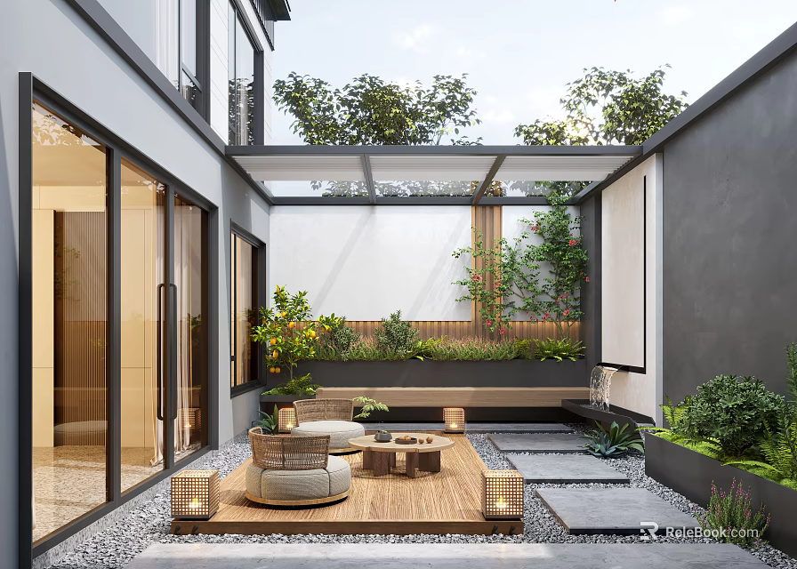 Modern Courtyard Garden With Glass Roof Green Plants Outdoor Furniture Gravel Floor And Stone Path 3d model 