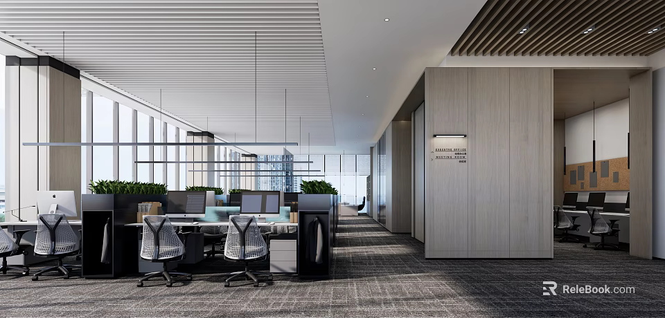 Modern Public Office Space With Open Layout Desks Computers Green Plants And Large Windows 3d model 