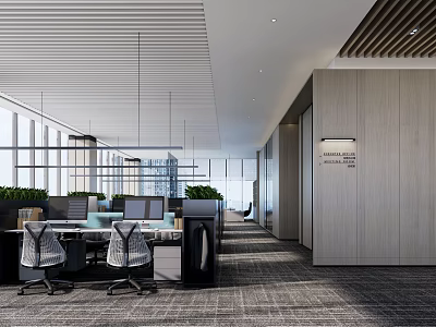 Modern Public Office Space With Open Layout Desks Computers Green Plants And Large Windows 3d model