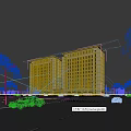 Two Tall Modern Residential Buildings With Large Windows Green Areas Road And Cars
