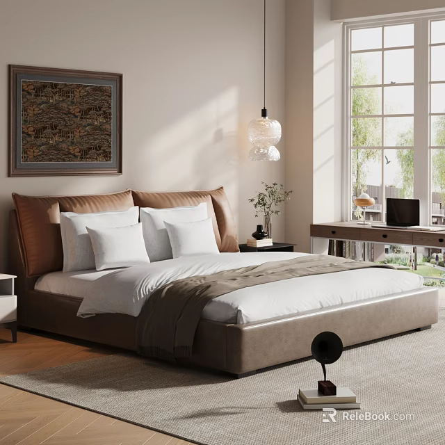 Modern Double Bed With Brown Headboard White Bedding And Natural Light 3d model 