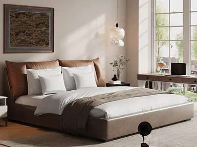 Modern Double Bed With Brown Headboard White Bedding And Natural Light 3d model