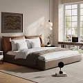 Modern Double Bed With Brown Headboard White Bedding And Natural Light 3d model