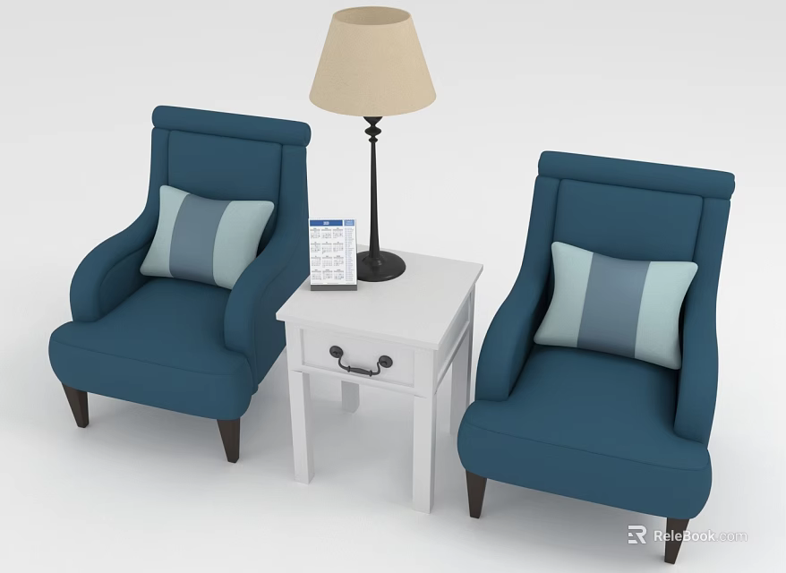 Leisure Sofa Set With Two Blue Armchairs Gray Striped Cushions White Table And Beige Lamp 3d model 