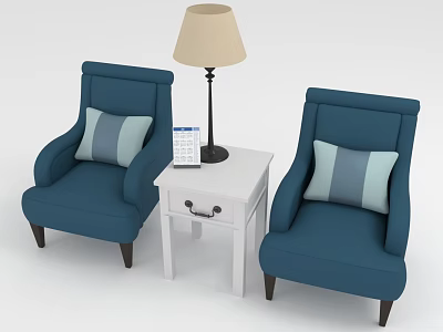 Leisure Sofa Set With Two Blue Armchairs Gray Striped Cushions White Table And Beige Lamp 3d model