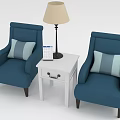 Leisure Sofa Set With Two Blue Armchairs Gray Striped Cushions White Table And Beige Lamp