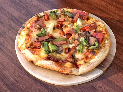 Freshly Baked Pizza With Golden Crust Meats Vegetables And Melted Cheese On Wooden Board 3d model