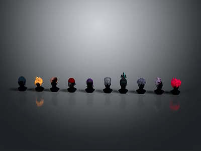 Character Head Models In Different Colors Styles Arranged On Gray Background With Reflections 3d model
