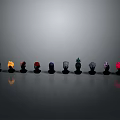 Character Head Models In Different Colors Styles Arranged On Gray Background With Reflections