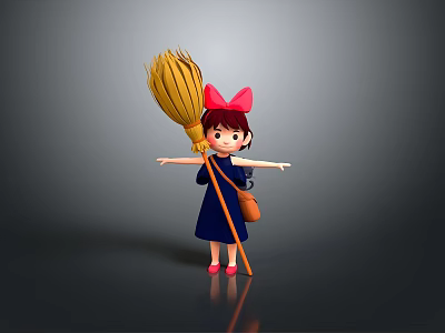 Anime Movie Character Wearing Red Bow Blue Dress Holding Broom With Small Bag 3d model