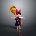 Anime Movie Character Wearing Red Bow Blue Dress Holding Broom With Small Bag