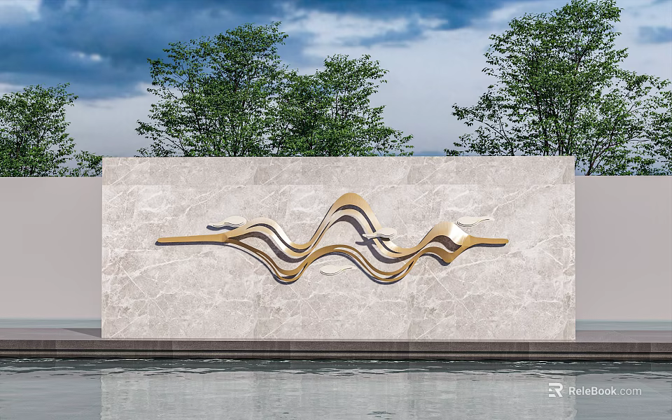 Modern Landscape Feature Wall Marble with Gold Wavy Accents Green Trees and Water Reflection 3d model 
