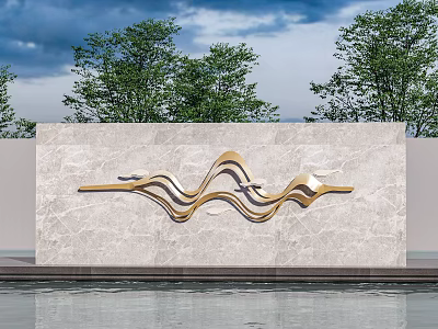 Modern Landscape Feature Wall Marble with Gold Wavy Accents Green Trees and Water Reflection 3d model