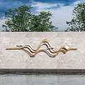 Modern Landscape Feature Wall Marble with Gold Wavy Accents Green Trees and Water Reflection