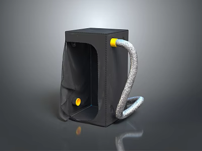 Black Cube Industrial Structure With Yellow Knobs And Silver Flexible Hose On Gray Background 3d model