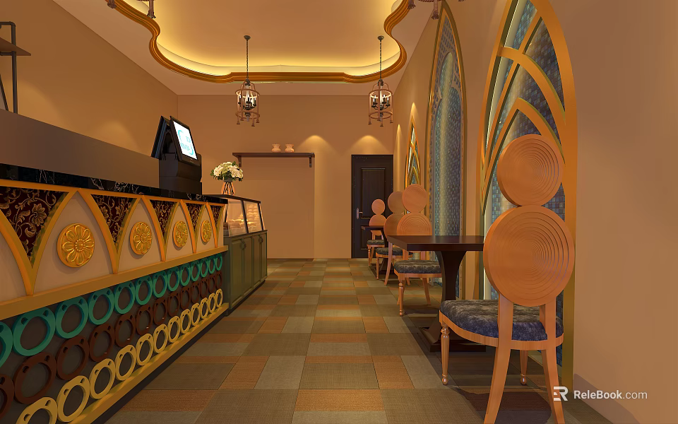 Elegant Restaurant Interior Design With Decorative Counter Chandeliers And Tiled Floor 3d model 