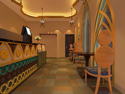 Elegant Restaurant Interior Design With Decorative Counter Chandeliers And Tiled Floor 3d model