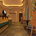 Elegant Restaurant Interior Design With Decorative Counter Chandeliers And Tiled Floor