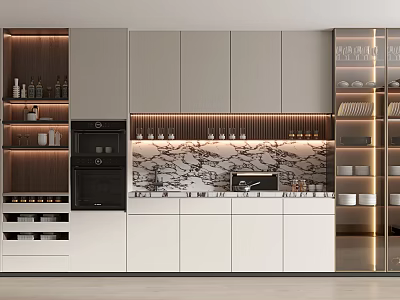 Modern Kitchen Wine Cabinet Design With LED Lighting And Marble Backsplash 3d model