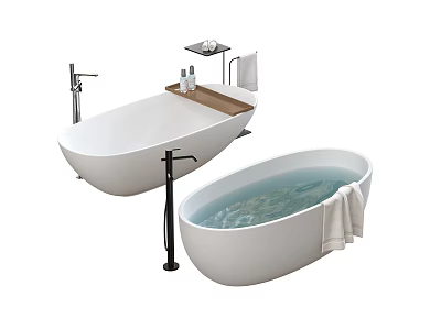 Modern Freestanding White Bathtub Design With Shelf Faucet And Towel 3d model