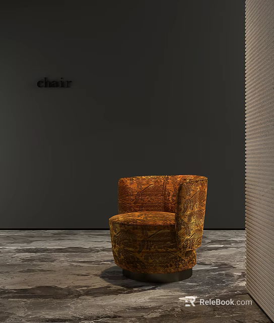 Orange Patterned Velvet Single Sofa With Dark Gray Wall And Marble Floor Interior 3d model
