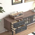 Dark Wooden TV Stand With Drawers Glass Doors Table Lamp Books And Record Player