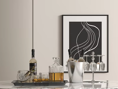Modern Tabletop Display With Wine Bottles Glasses Decanter Ice Bucket And Artwork 3d model