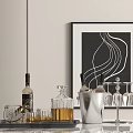 Modern Tabletop Display With Wine Bottles Glasses Decanter Ice Bucket And Artwork