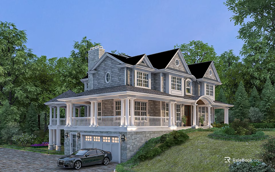 Two Story Detached House With Black Roof White Porch And Green Lawn Surrounded By Trees 3d model 