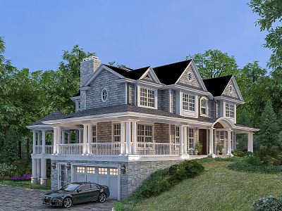 Two Story Detached House With Black Roof White Porch And Green Lawn Surrounded By Trees 3d model