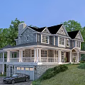 Two Story Detached House With Black Roof White Porch And Green Lawn Surrounded By Trees