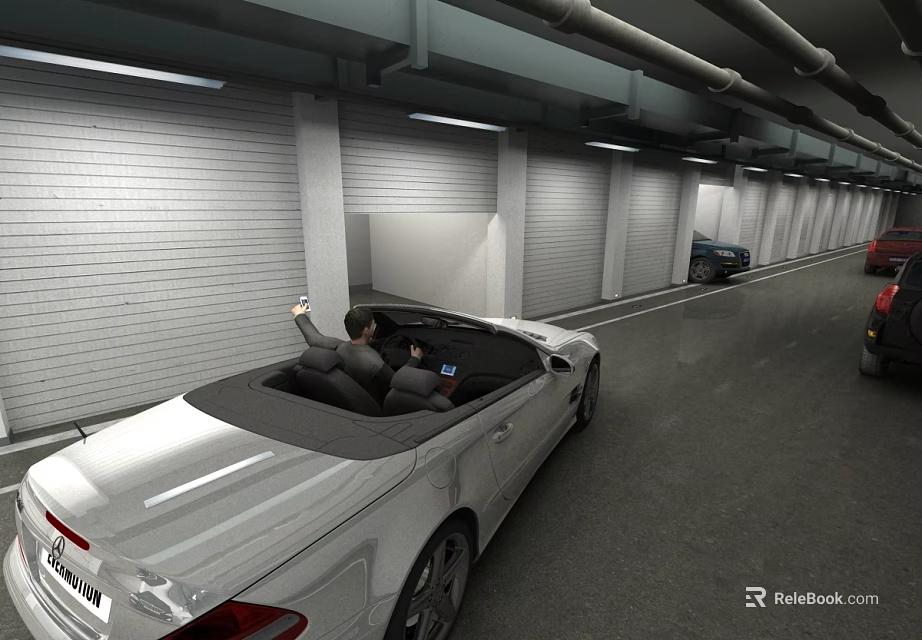 Indoor Parking Lot With Convertible Car People Inside And Bright Ceiling Lighting 3d model 