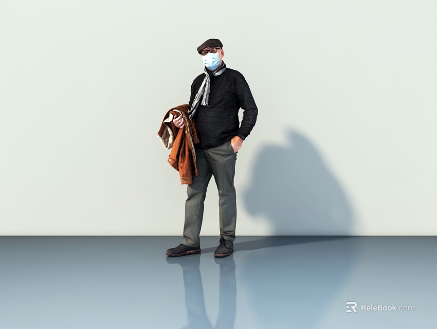 Man Wearing Black Jacket Hat and Mask Holding Brown Coat Against Light Background With Shadow 3d model 