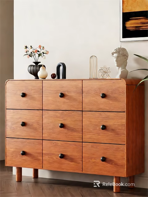 Stylish Wooden Dresser With Multiple Drawers Black Knobs And Decorative Items 3d model 