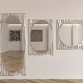 Three Oval Mirrors with Textured Frames as Wall Decor Featuring Artwork and Wooden Floor 3d model