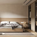 Neutral Toned Bedroom Interior With Wooden Platform Bed Built-In Wardrobe Area Rug And Accent Chair