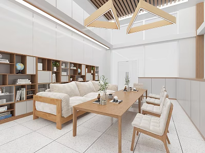 Modern Leisure Area With Wooden Furniture White Sofa Coffee Table Bookshelf And Plants 3d model