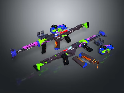 Colorful Toy Weapons with Multiple Assembled Parts in Vibrant Pink Blue Green and Black 3d model